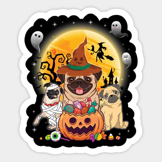 Pug Dog Mummy Witch Moon Ghosts Happy Halloween Thanksgiving Merry Christmas Day Sticker by joandraelliot